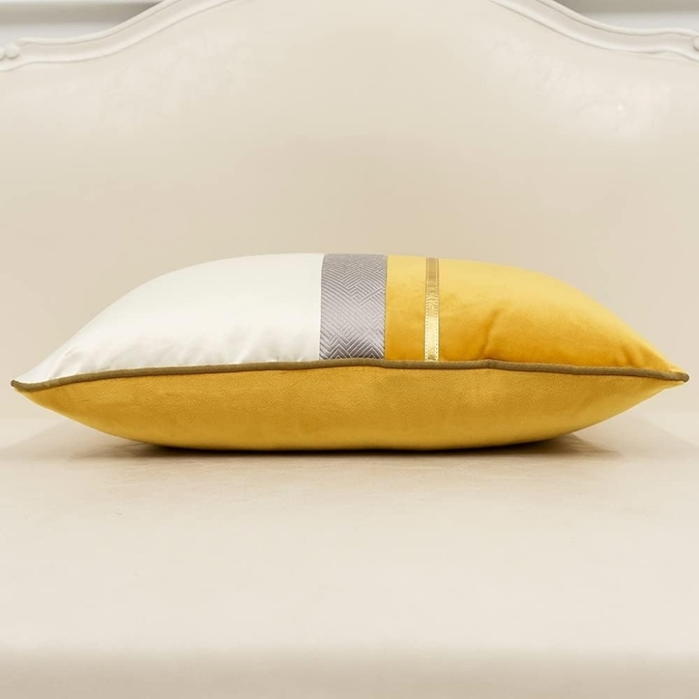 22 x 22" Yellow White Gold Faux Leather Striped Patchwork Velvet Luxury Pillow - Picture 3 of 5